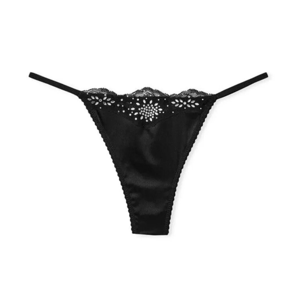 Victoria's‎ Secret Very Sexy Rhinestones Lace Trim Thong Sz M - Black